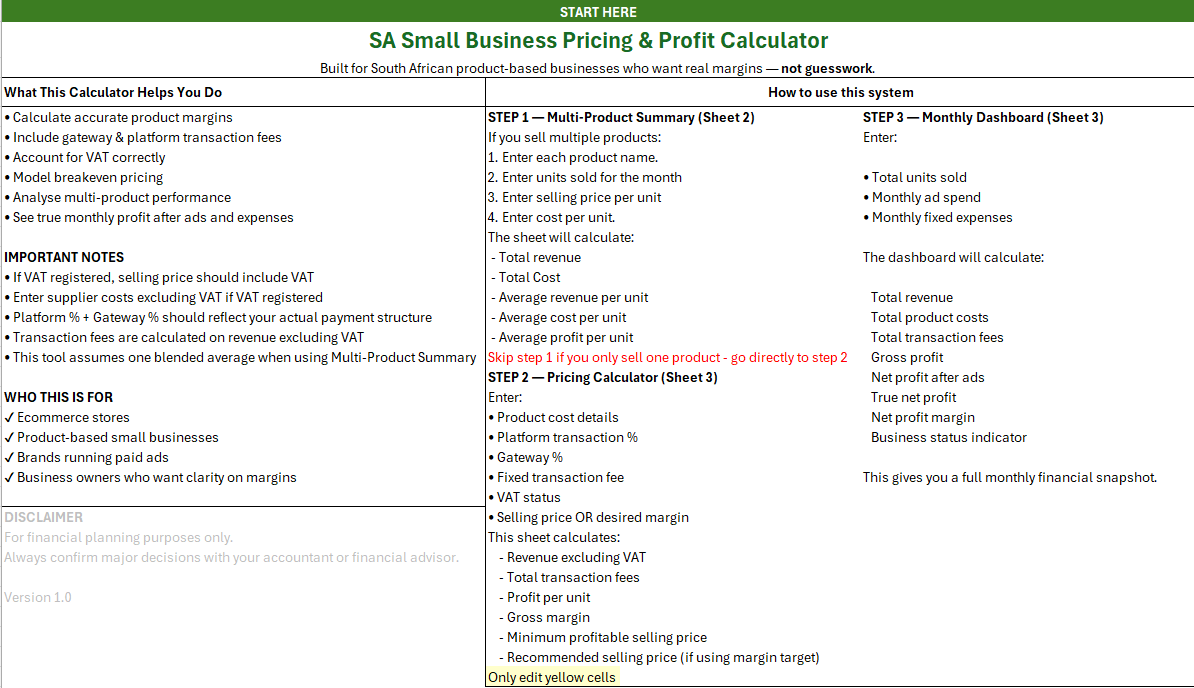 SA Small Business Pricing & Profit Calculator (Excel Tool)