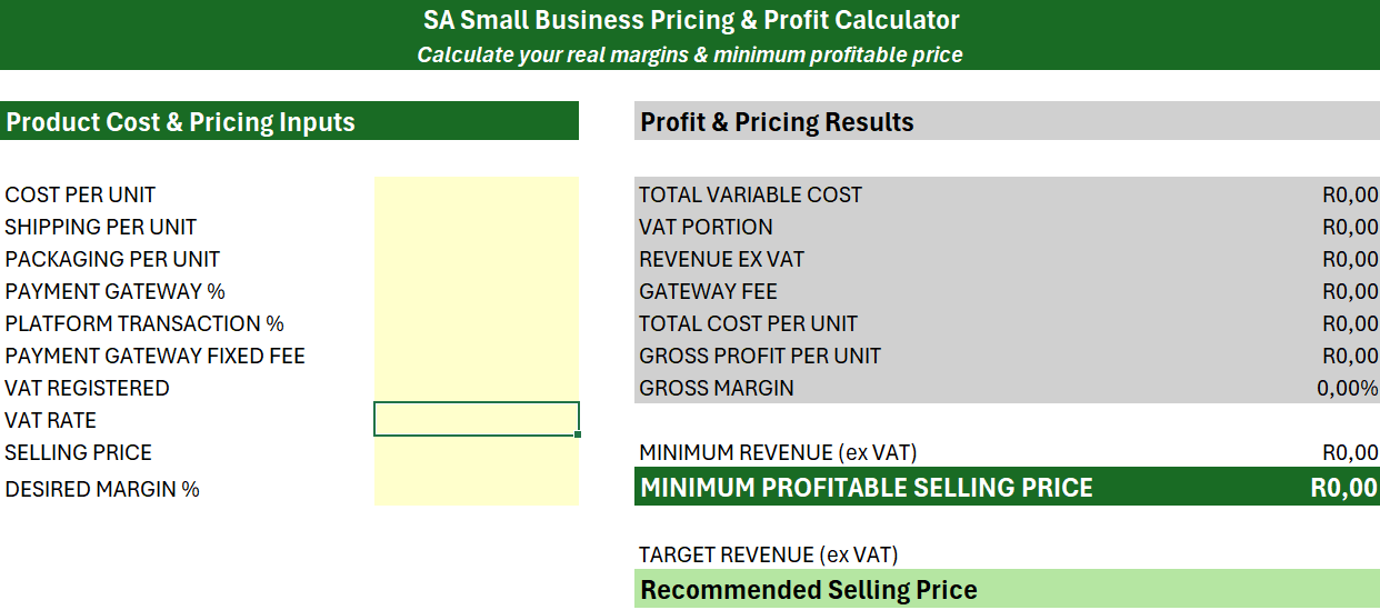 SA Small Business Pricing & Profit Calculator (Excel Tool)